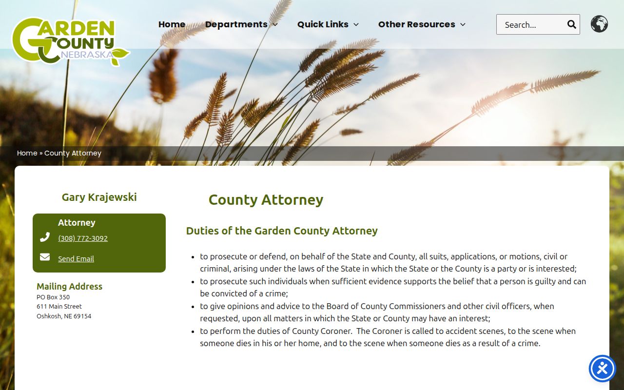 Garden County arrest history County Attorney charging office